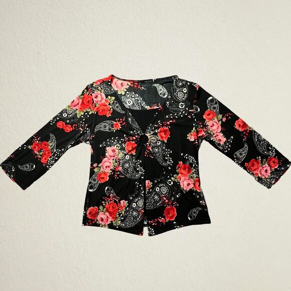 Paisley floral open front panel O ring blouse Y2K bohemian hippie whimsigoth - Picture 1 of 7